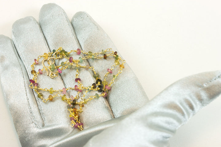 Watermelon Tourmaline Necklace Beaded Chain Link 14k Gold Filled or Sterling Silver 18 19 Inches Pink Small Dainty Unique Spyglass Designs