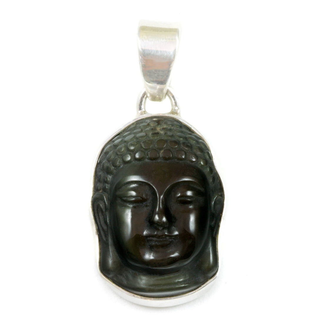 Buddha Pendant Necklace  Sterling Silver Simple Small Carved Head Obsidian Black Stone Bezel Set Men's Man Women