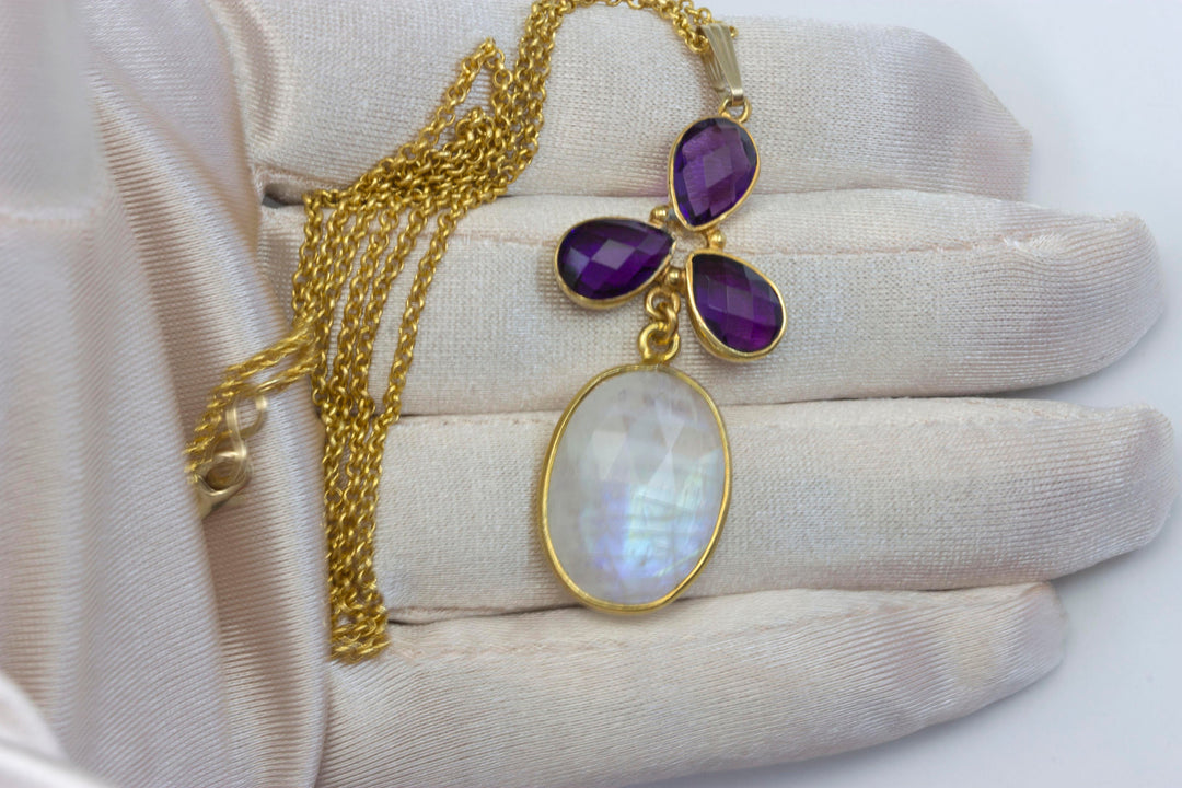 Moonstone Pendant Necklace Purple Amethyst 14k yellow gold fill Sterling Silver 18 Inch Chain 2 Inch Large Teardrop 3 accent stones faceted