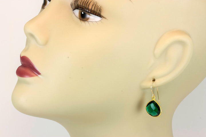 Emerald Green Earrings Faceted Simulated Emerald Heart Teardrop Drop 14k Solid Gold or Filled Bezel Setting  Classic Simple Spyglass Designs