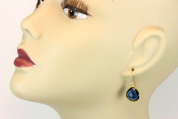 Sapphire Blue Earrings Faceted Simulated Sapphire Heart Teardrop Drop 14k Solid Gold or Filled or Sterling Silver Bezel Classic Simple