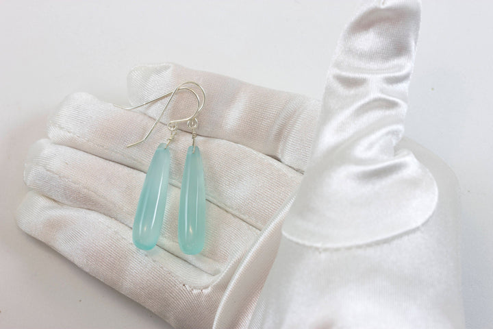 Aqua Blue Chalcedony Earrings Long Teardrop Shaped Smooth 14k Solid Gold or Filled or Sterling Silver Skinny Pale Soft Blue Natural Narrow 2