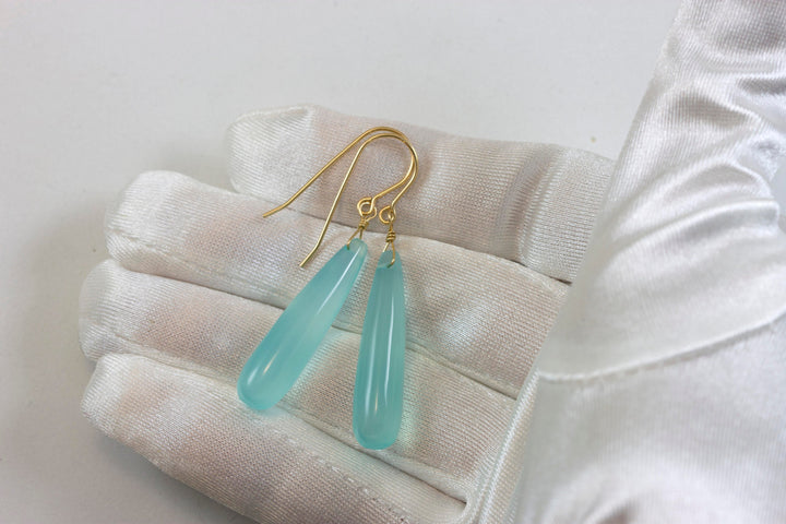 Aqua Blue Chalcedony Earrings Long Teardrop Shaped Smooth 14k Solid Gold or Filled or Sterling Silver Skinny Pale Soft Blue Natural Narrow 2