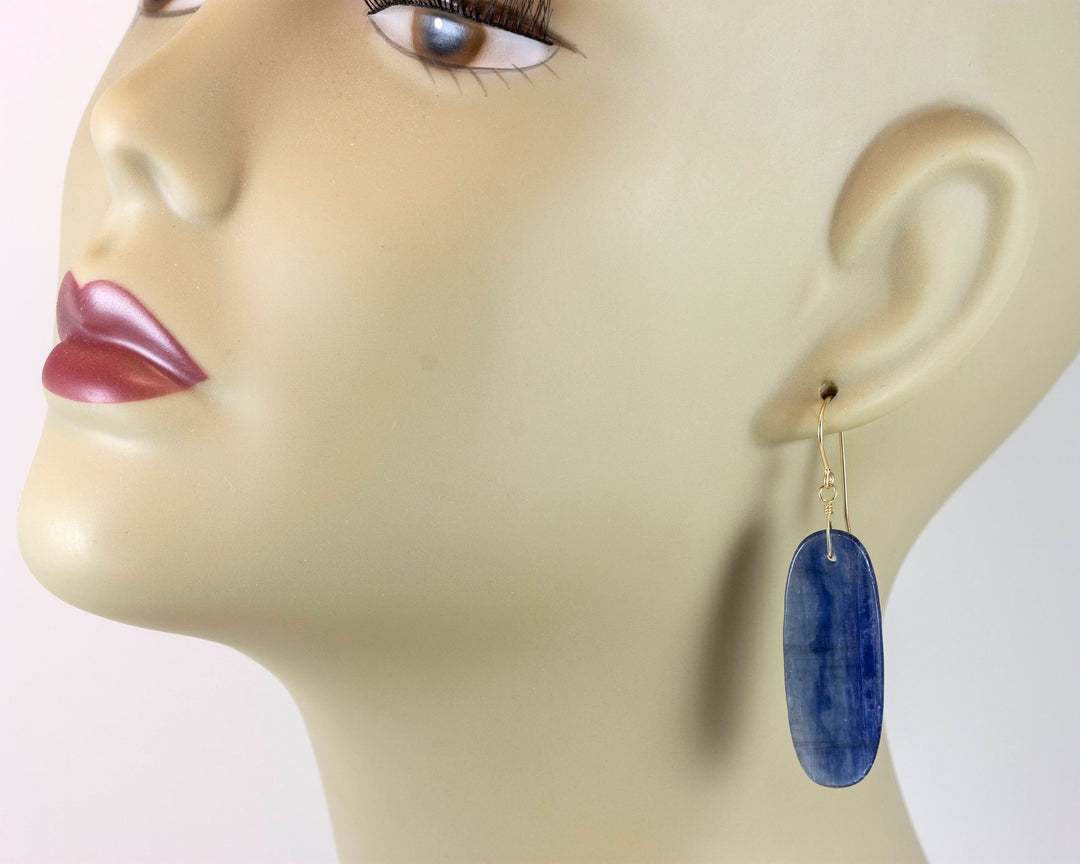 Blue Kyanite Earrings Natural Simple Smooth Rich blue Long Oval Teardrop 14k Solid Gold or Filled or Sterling Silver Large Drops 2 Inch