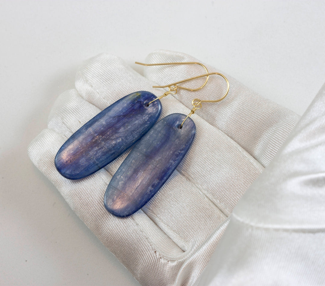 Blue Kyanite Earrings Natural Simple Smooth Rich blue Long Oval Teardrop 14k Solid Gold or Filled or Sterling Silver Large Drops 2 Inch