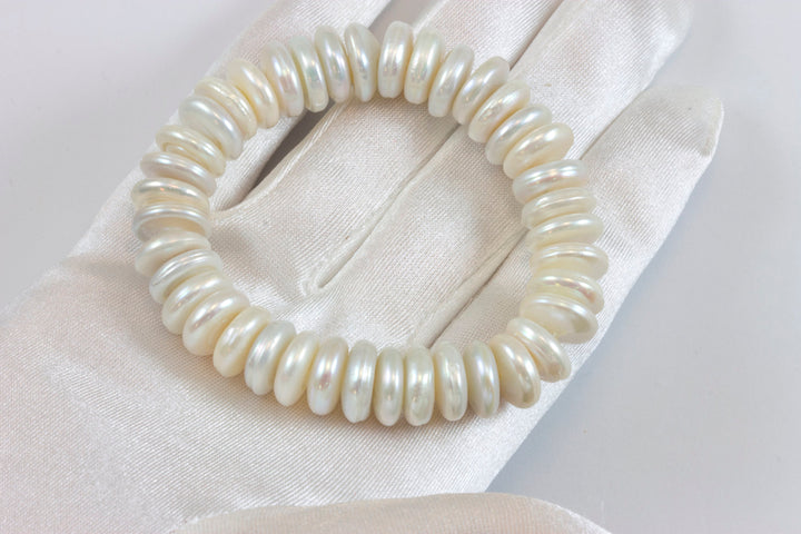 Button Pearl Bracelet White Adjustable 7 Inches Inch Simple Button Large High Luster Stretch Style Freshwater Cultured Pearls