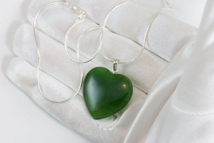 Jade Necklace Green Nephrite Jade Pendant Heart Shaped  Large Sterling Silver Snake Chain 18 Inches Natural Simple Daily Wear