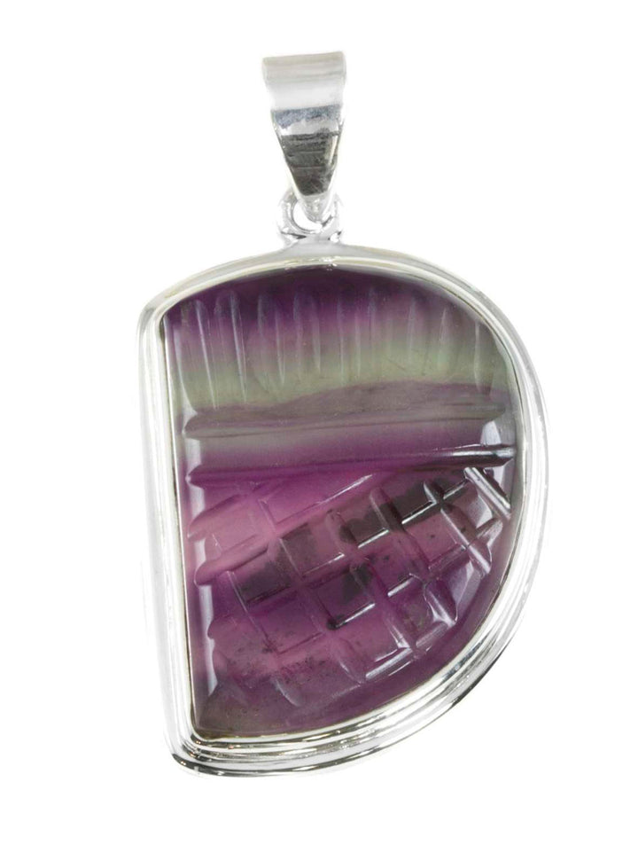 Fluorite Pendant Purple Teal Striped Large Necklace Pendent Bezel Set Natural Genuine  Contemporary Design AAA Rectangle Off Round