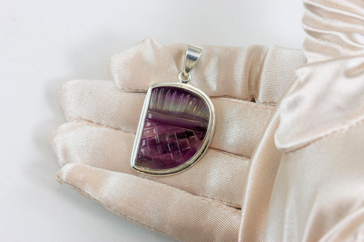 Fluorite Pendant Purple Teal Striped Large Necklace Pendent Bezel Set Natural Genuine  Contemporary Design AAA Rectangle Off Round