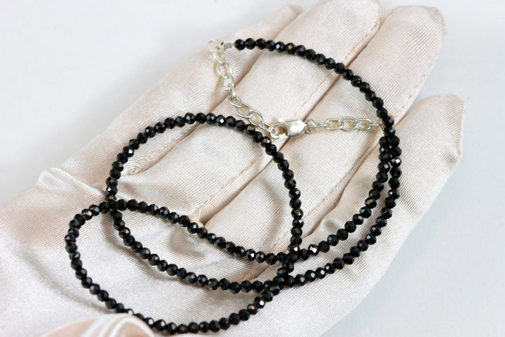 Black Spinel Necklace Sterling Silver or 14k Gold Filled  3mm 18 19 Inch Faceted AAA Solid Beaded Strand Natural Faceted Classic Simple