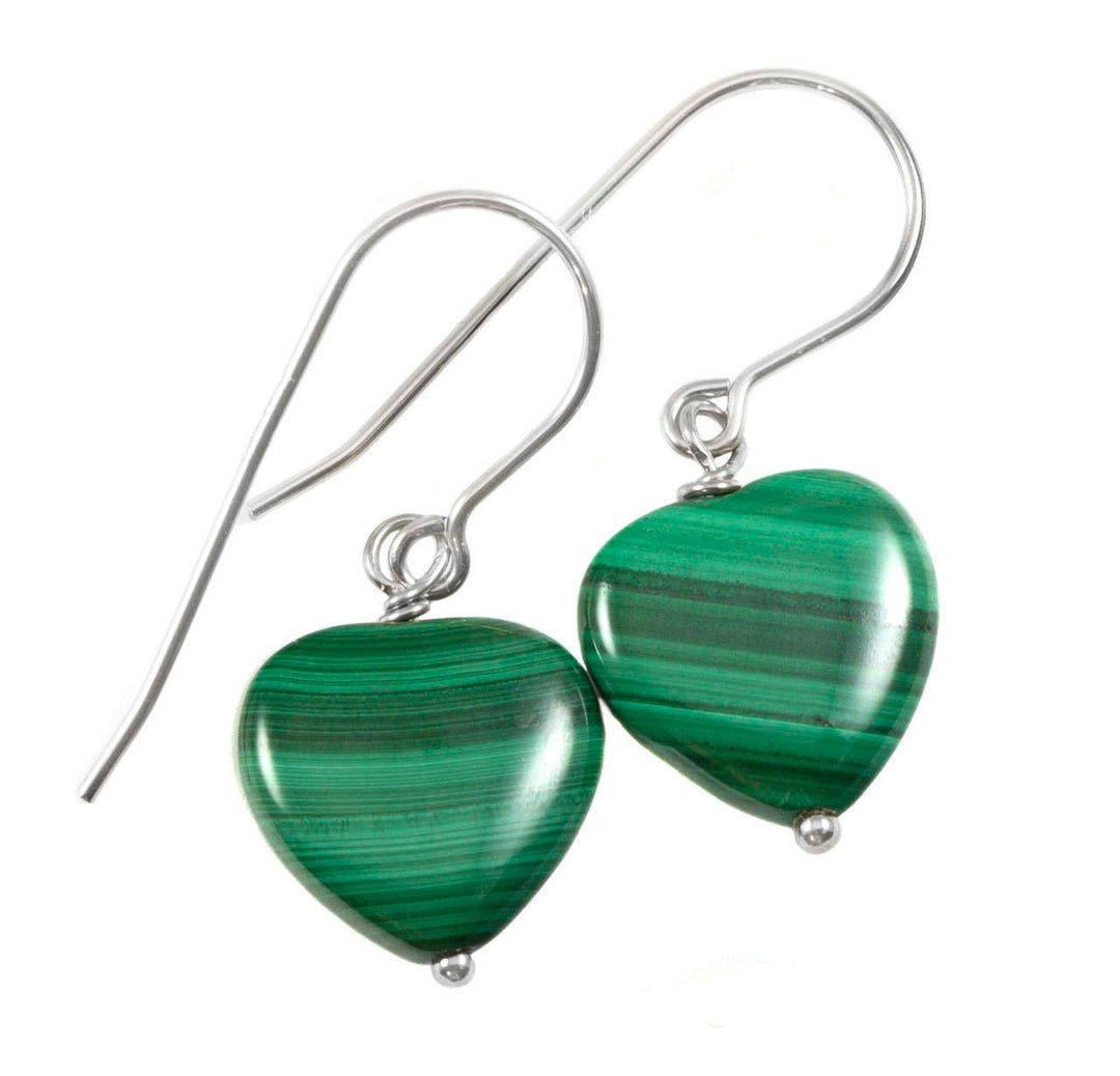Malachite Earrings Green Heart shaped smooth Natural Dangle Drops Sterling Silver or 14k Solid Yellow Gold or Filled simple small dainty