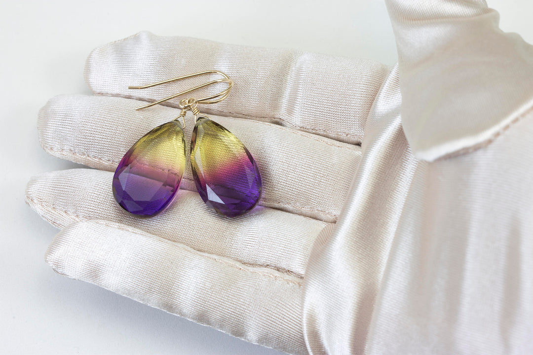 Bicolor Simulated Tourmaline Earrings Faceted Large Fat Bi Color Teardrop Yellow Pink Purple Sterling Silver or 14k Gold  or Filled  Drops