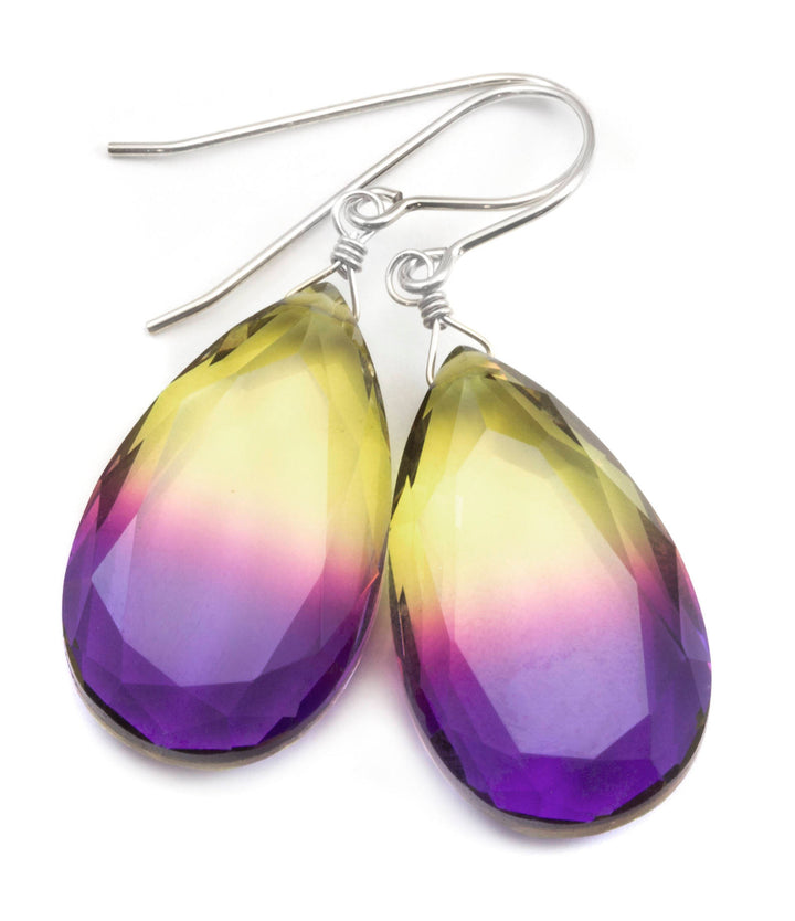 Bicolor Simulated Tourmaline Earrings Faceted Large Fat Bi Color Teardrop Yellow Pink Purple Sterling Silver or 14k Gold  or Filled  Drops