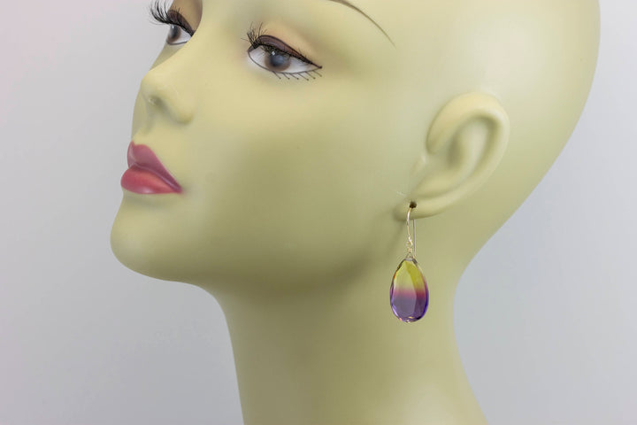 Bicolor Simulated Tourmaline Earrings Faceted Large Fat Bi Color Teardrop Yellow Pink Purple Sterling Silver or 14k Gold  or Filled  Drops