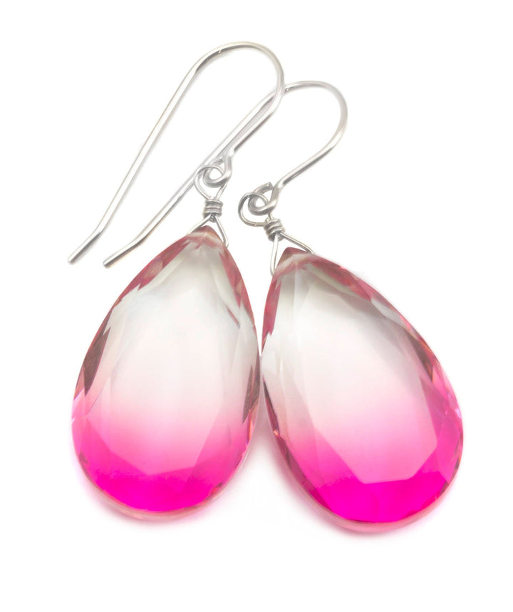 Watermelon Bicolor Simulated Tourmaline Earrings Faceted Large Fat Bi Color Teardrop  Pink Sterling Silver or 14k Gold  or Filled  Drops