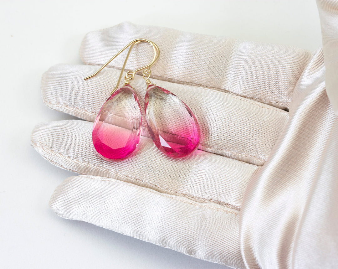 Watermelon Bicolor Simulated Tourmaline Earrings Faceted Large Fat Bi Color Teardrop  Pink Sterling Silver or 14k Gold  or Filled  Drops