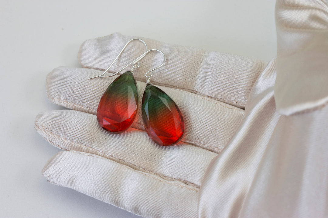 Watermelon Bicolor Simulated Tourmaline Earrings Faceted Large Bi Color Teardrop Dark Green Pink Sterling Silver 14k Gold  or Filled  Drops