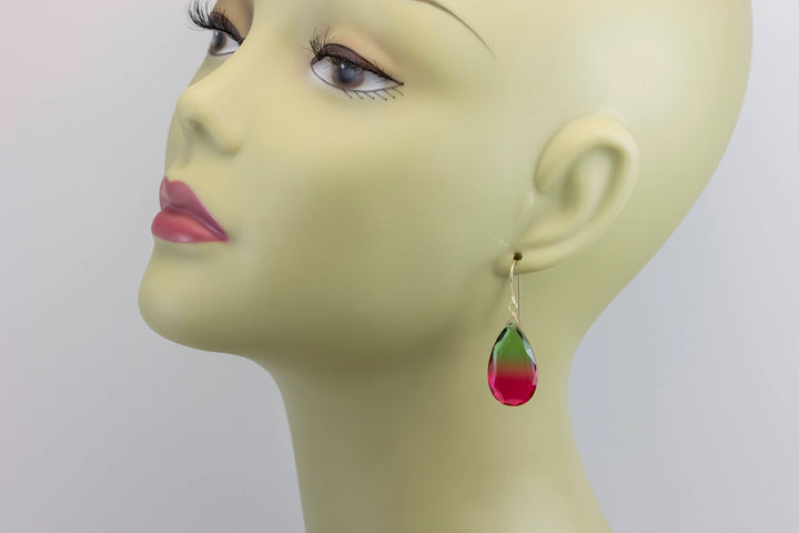Watermelon Bicolor Simulated Tourmaline Earrings Faceted Large Bi Color Teardrop Dark Green Hot Pink Sterling Silver 14k Gold  or Filled