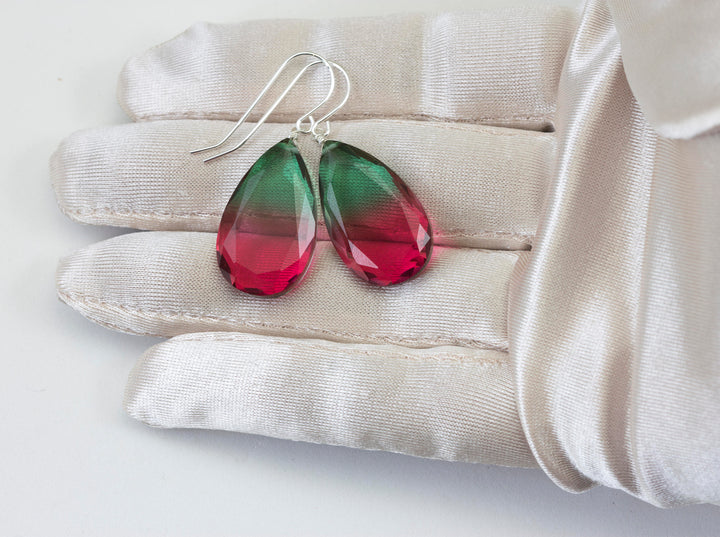 Watermelon Bicolor Simulated Tourmaline Earrings Faceted Large Bi Color Teardrop Dark Green Hot Pink Sterling Silver 14k Gold  or Filled