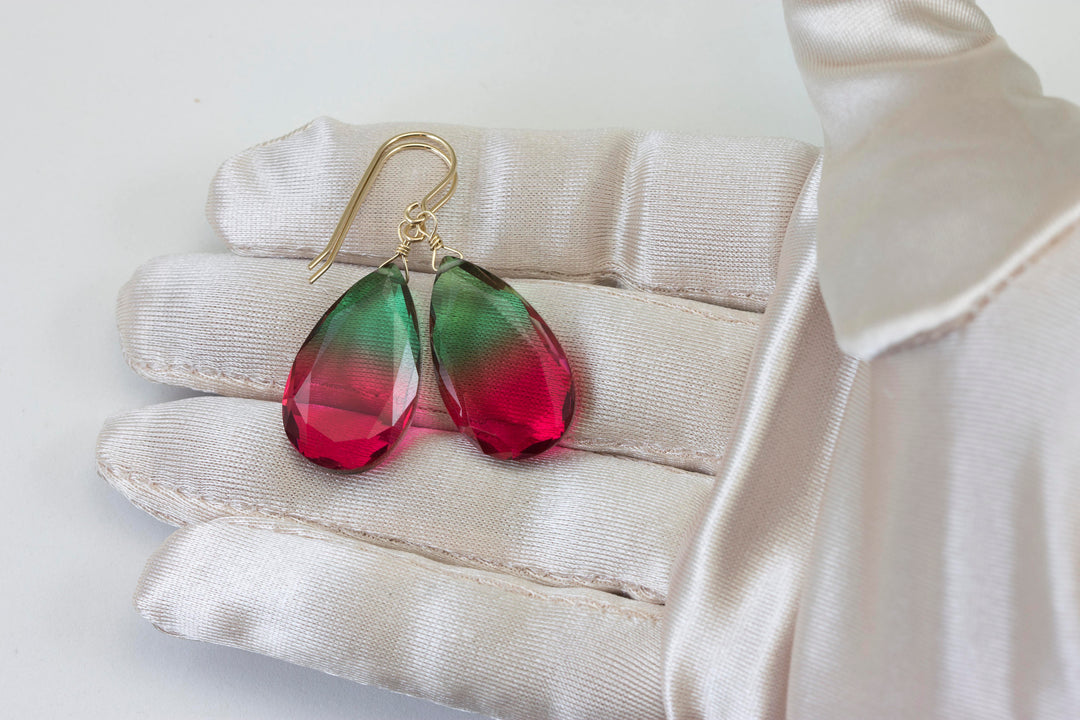 Watermelon Bicolor Simulated Tourmaline Earrings Faceted Large Bi Color Teardrop Dark Green Hot Pink Sterling Silver 14k Gold  or Filled