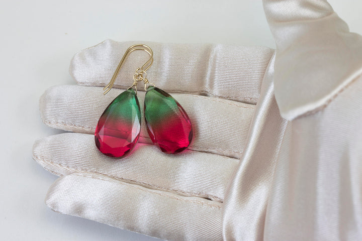 Watermelon Bicolor Simulated Tourmaline Earrings Faceted Large Bi Color Teardrop Dark Green Hot Pink Sterling Silver 14k Gold  or Filled