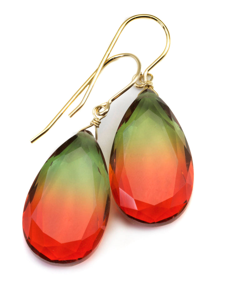 Watermelon Bicolor Simulated Tourmaline Earrings Faceted Large Bi Color Teardrop Green Yellow Pink Sterling Silver 14k Gold  or Filled