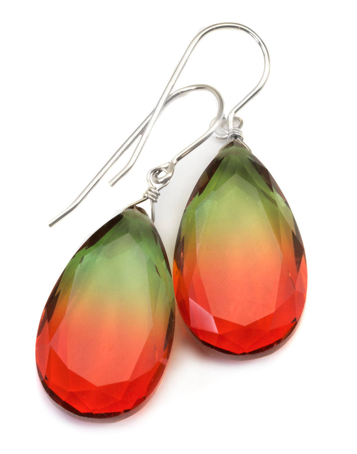 Watermelon Bicolor Simulated Tourmaline Earrings Faceted Large Bi Color Teardrop Green Yellow Pink Sterling Silver 14k Gold  or Filled