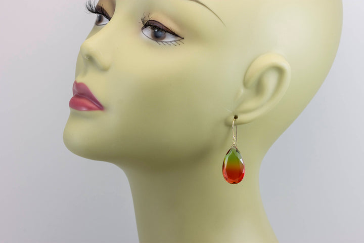 Watermelon Bicolor Simulated Tourmaline Earrings Faceted Large Bi Color Teardrop Green Yellow Pink Sterling Silver 14k Gold  or Filled