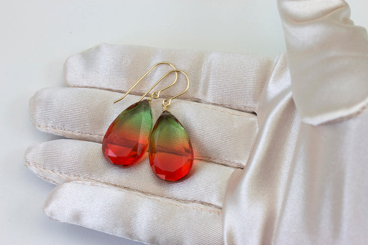 Watermelon Bicolor Simulated Tourmaline Earrings Faceted Large Bi Color Teardrop Green Yellow Pink Sterling Silver 14k Gold  or Filled