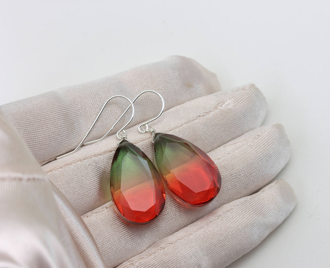 Watermelon Bicolor Simulated Tourmaline Earrings Faceted Large Bi Color Teardrop Green Yellow Pink Sterling Silver 14k Gold  or Filled