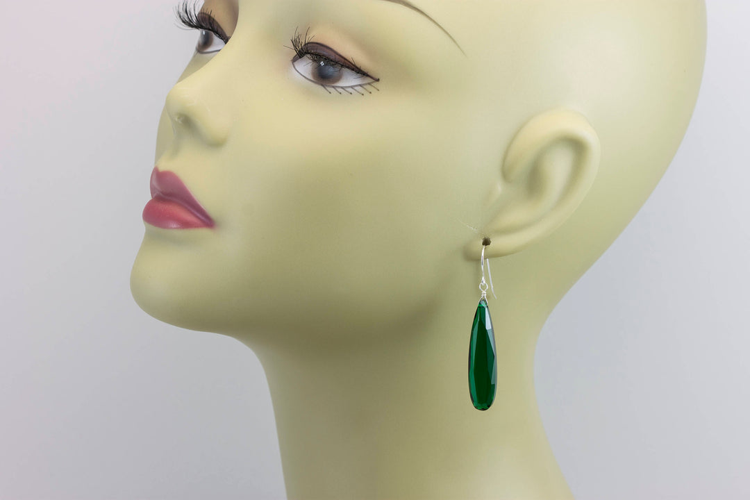 Green simulated Emerald Earrings Faceted Large Long Dangle 14k Gold or Filled or Sterling Silver Classic Simple Clean 2 Inch Drops