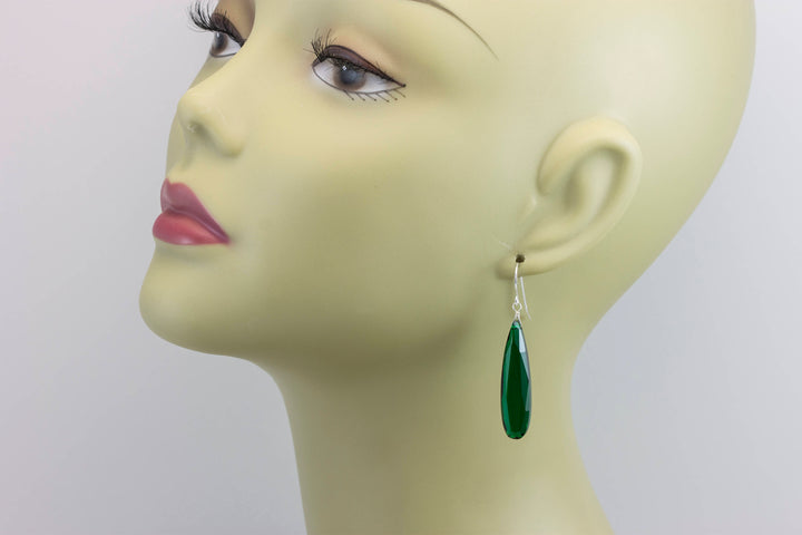 Green simulated Emerald Earrings Faceted Large Long Dangle 14k Gold or Filled or Sterling Silver Classic Simple Clean 2 Inch Drops