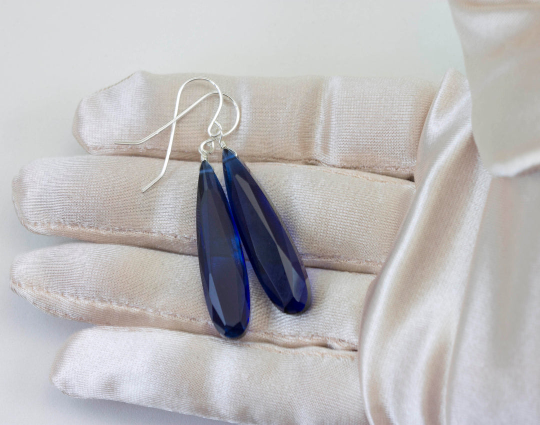Kashmir blue simulated Sapphire Earrings Faceted Large Long Dangle 14k Gold or Filled or Sterling Silver Classic Simple Clean 2 Inch Drops