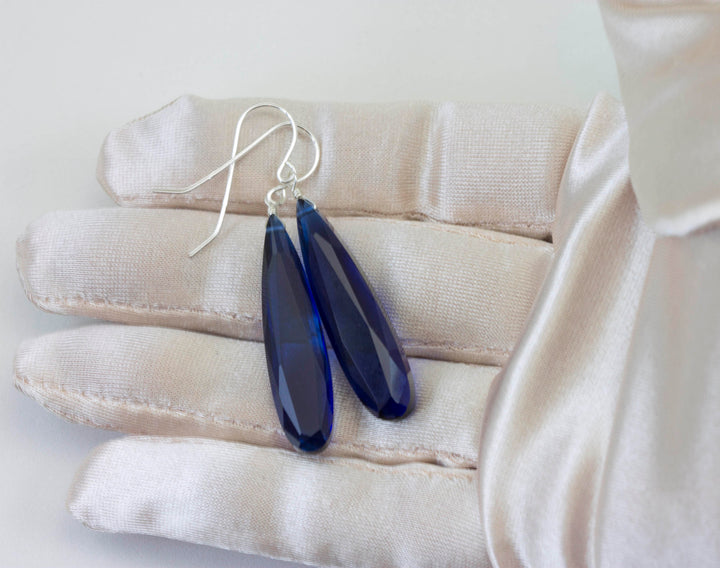 Kashmir blue simulated Sapphire Earrings Faceted Large Long Dangle 14k Gold or Filled or Sterling Silver Classic Simple Clean 2 Inch Drops