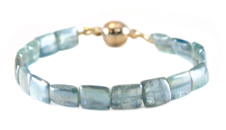 Kyanite Bracelet Yellow 14k Gold Plate or Silver Silvery Blue Very Rare Rectangle Cut and Color 7" Iridescent Unique Color