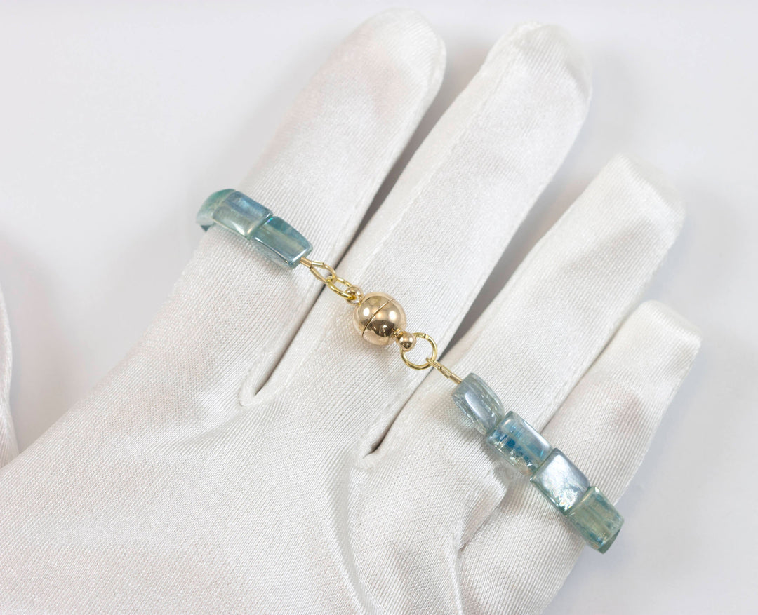 Kyanite Bracelet Yellow 14k Gold Plate or Silver Silvery Blue Very Rare Rectangle Cut and Color 7" Iridescent Unique Color