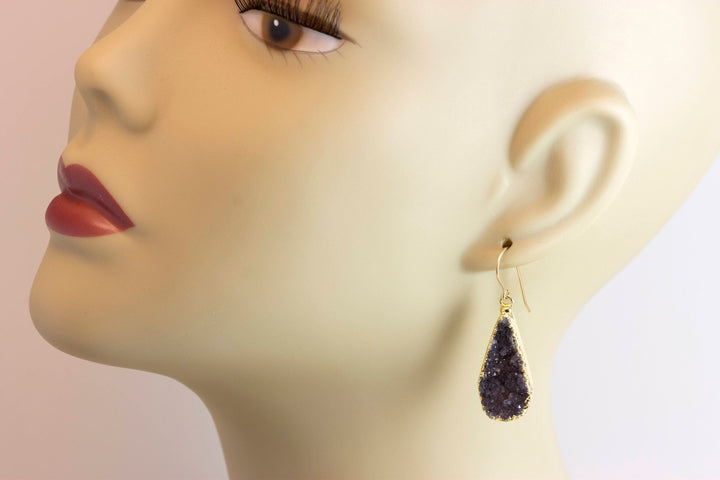 Drusy Earrings Black Gray Long Large  Druzy Teardrop 14k Solid Gold or Filled or Sterling Silver  Electroplated Natural Quartz Earthy Drops