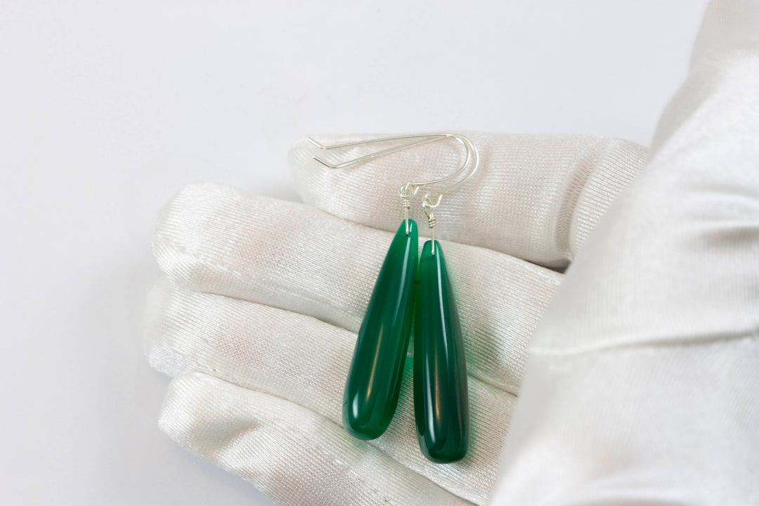 Green Onyx Earrings Smooth Long AAA Drop Dangle Large Narrow Teardrop Sterling Silver or 14k Gold Filled Rich Emerald Green Color Drops