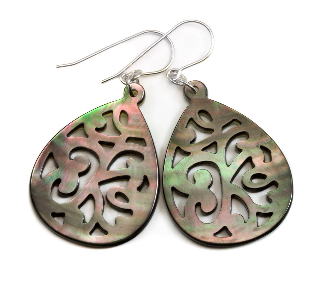 Mother of Pearl Earrings Peacock Black Shell Carved Relief Wide Teardrop Natural 14k Gold Filled or Sterling Silver Large Luster MOP  2 Inch
