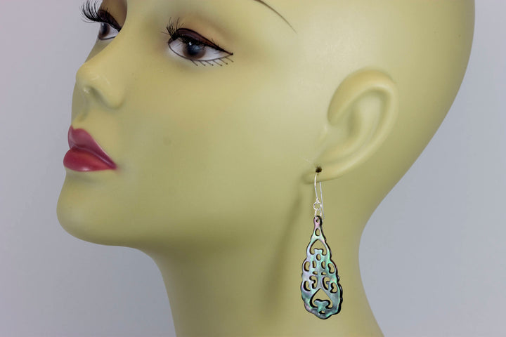 Mother of Pearl Earrings Peacock Black Shell Carved Relief Teardrop Natural 14k Gold Filled or Sterling Silver Large Luster MOP  2.4 Inches