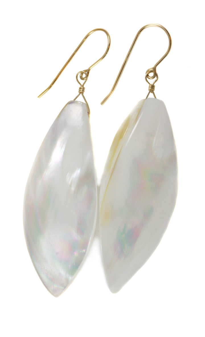 Mother of Pearl Earrings White Shell 14k Gold or Filled or Sterling Silver Natural Curved Shell Long 2 1/2 Inch Drops Large Simple Drops MOP