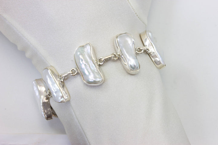 Sterling Silver Freshwater Cultured Pearl Bracelet Baroque White Adjustable Toggle Clasp 6 7 Inches Inch Bezel Set Nice Luster Elongated