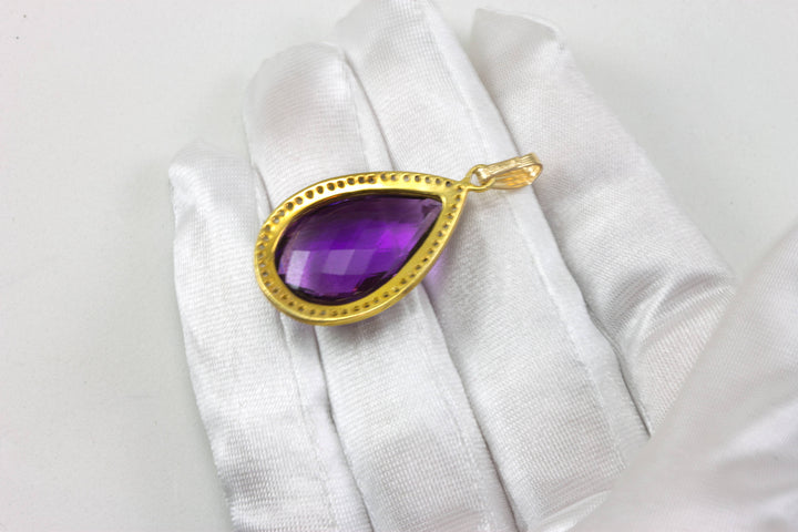 Purple Amethyst Necklace Pendant 14k Gold Filled Pave Champagne Diamonds surround Bezel Set Rhodium accent large teardrop faceted stone