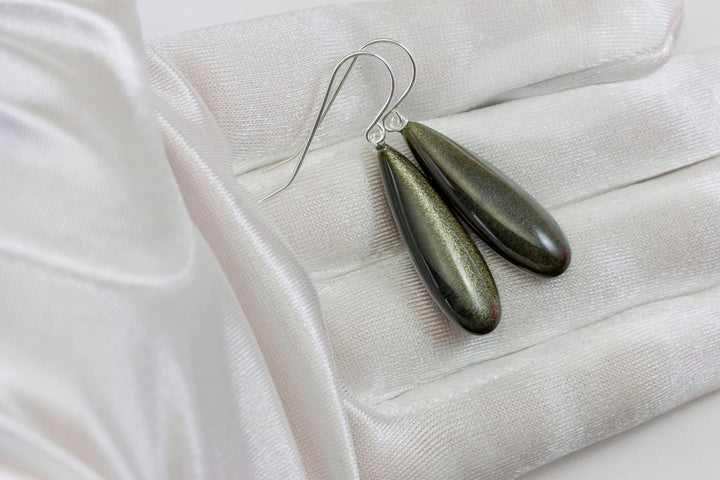 Black Obsidian Earrings Long Smooth Drop Sterling Silver or 14k Gold Filled or Solid 14k Gold Real Natural Simple Puffed Teardrops Shimmery