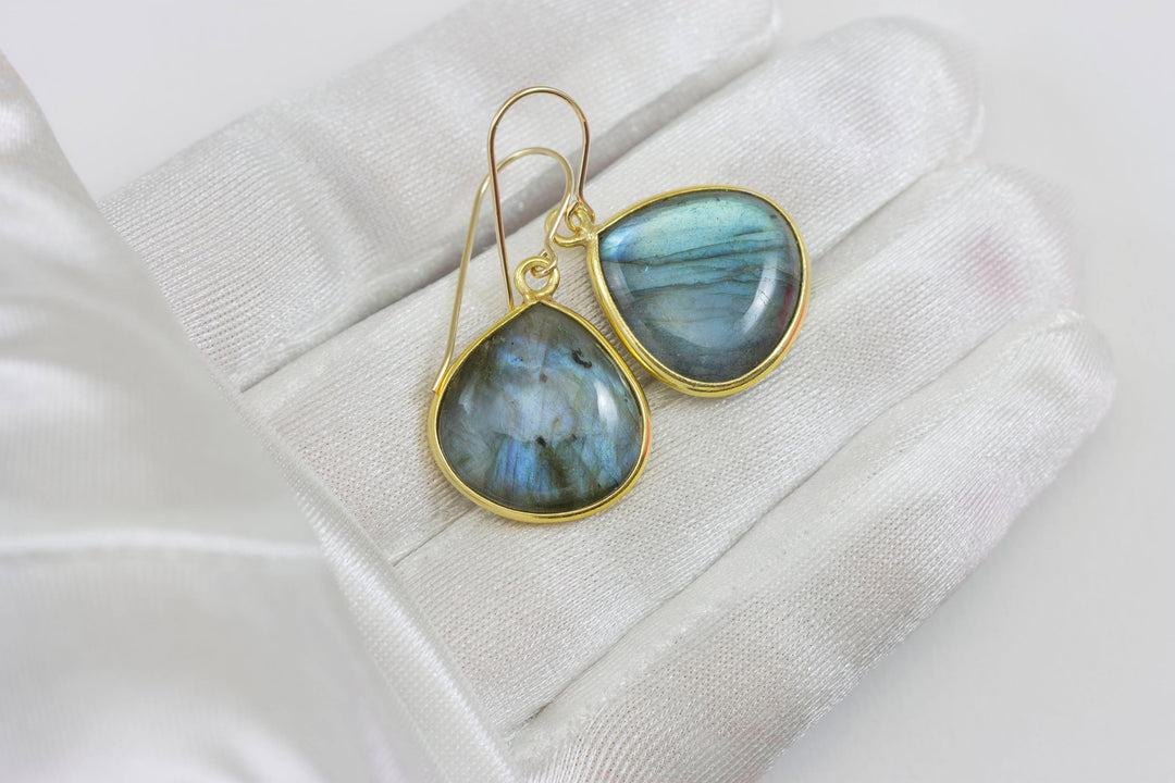 Blue Flash Labradorite Earrings large Simple Drops Bezel Set Smooth Heart Dangle 14k Gold Filled or Sterling Silver Dainty Daily Wear simple