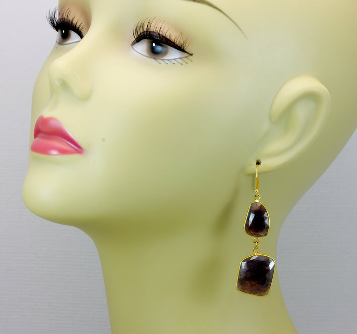 Red Brown Sapphire Earrings Teardrop 14k Solid Gold  Bezel Rectangle Shaped Faceted Simple Double Hung Bezeled Long Drops Natural 2.5 Inch