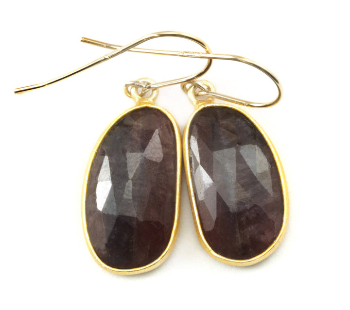 Dark Red Sapphire Earrings Teardrop 14k Solid Yellow Gold Bezel Long Off Round Oval Shaped Faceted Bezeled Long Drops Natural 1.4 Inch Drops