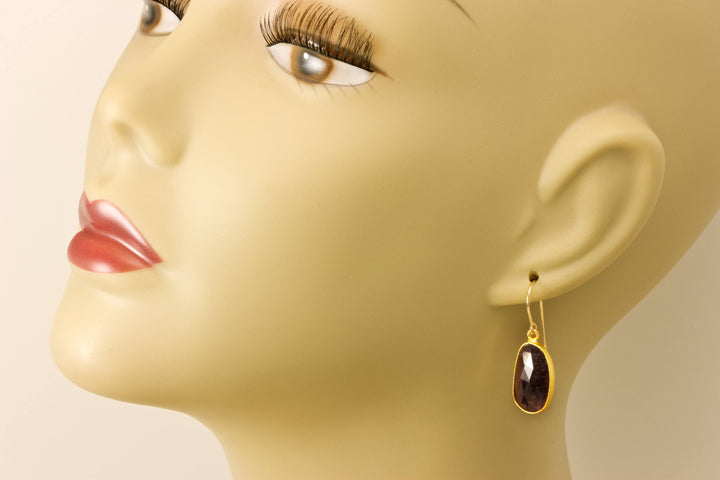 Dark Red Sapphire Earrings Teardrop 14k Solid Yellow Gold Bezel Long Off Round Oval Shaped Faceted Bezeled Long Drops Natural 1.4 Inch Drops