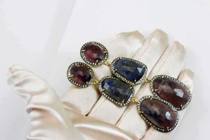 Red Blue Sapphire Earrings  14k Gold Filled  Bezel Off Round Faceted White Topaz Surround Triple Hung  Long Drops Natural 3 Inch Post Stud