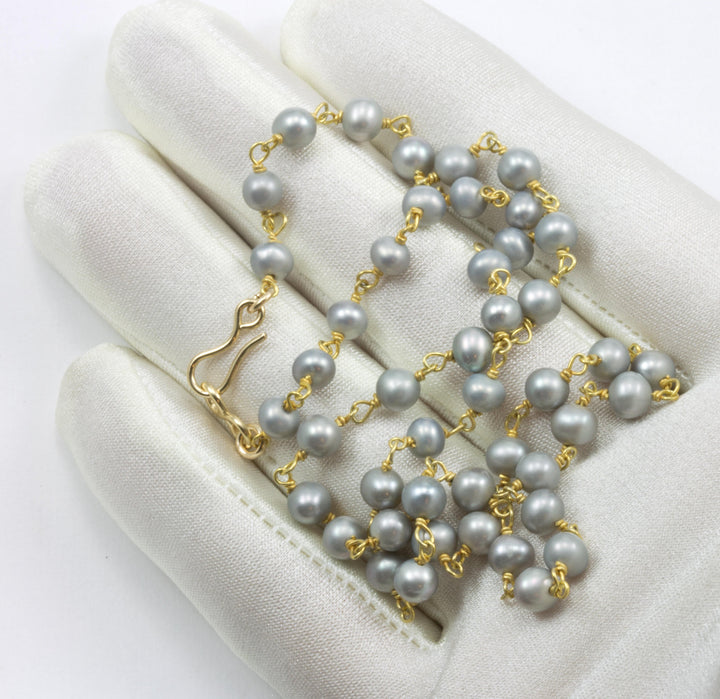 Grey Pearl Necklace Light Gray Freshwater Cultured Pearls Spaced Link Beaded 18 19 Inches 14k Gold Filled and Plate Simple Chain Link